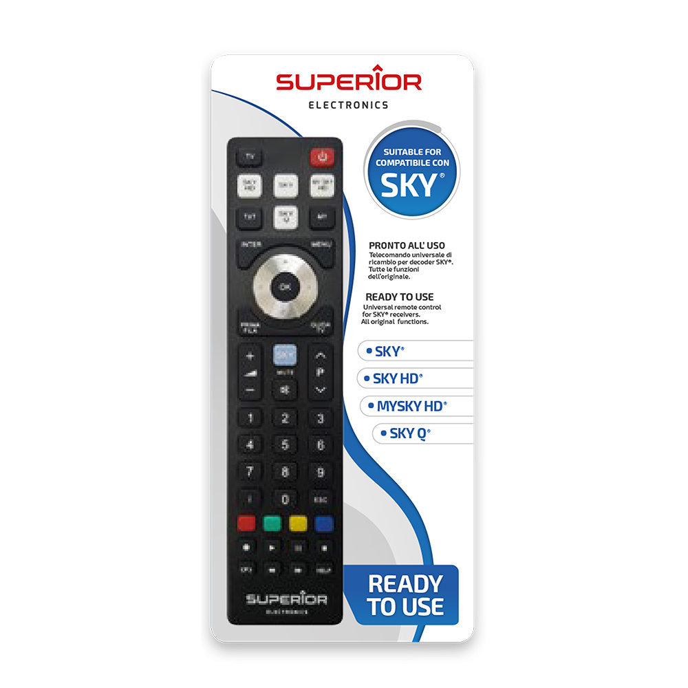 Superior Telecomando Universale SKY / SKY HD / MYSKY HD / SKY Q SH - <p><span style="font-family: Arial, sans-serif; font-size: 9pt;">Non richiede programmazione, sar&agrave; sufficiente selezionare il tasto corrispondente al modello del tuo decoder (SKY, MY SKY, MY SKY HD, SKY Q) ed il telecomando sar&agrave; subito funzionante</span></p><p class="MsoNormal" style="mso-margin-top-alt:auto;mso-margin-bottom-alt:auto;
line-height:normal"><span style="font-size:9.0pt;font-family:" new="">Inclu