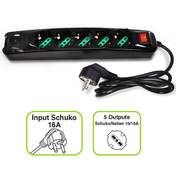 MULTIPRESA POWER CLEANER 5: INGRESSO SCHUKO - 5 USCITE ITALIA/SCHUKO - PORTE USB - TOGETHER ON (FMP5GIGUSB)