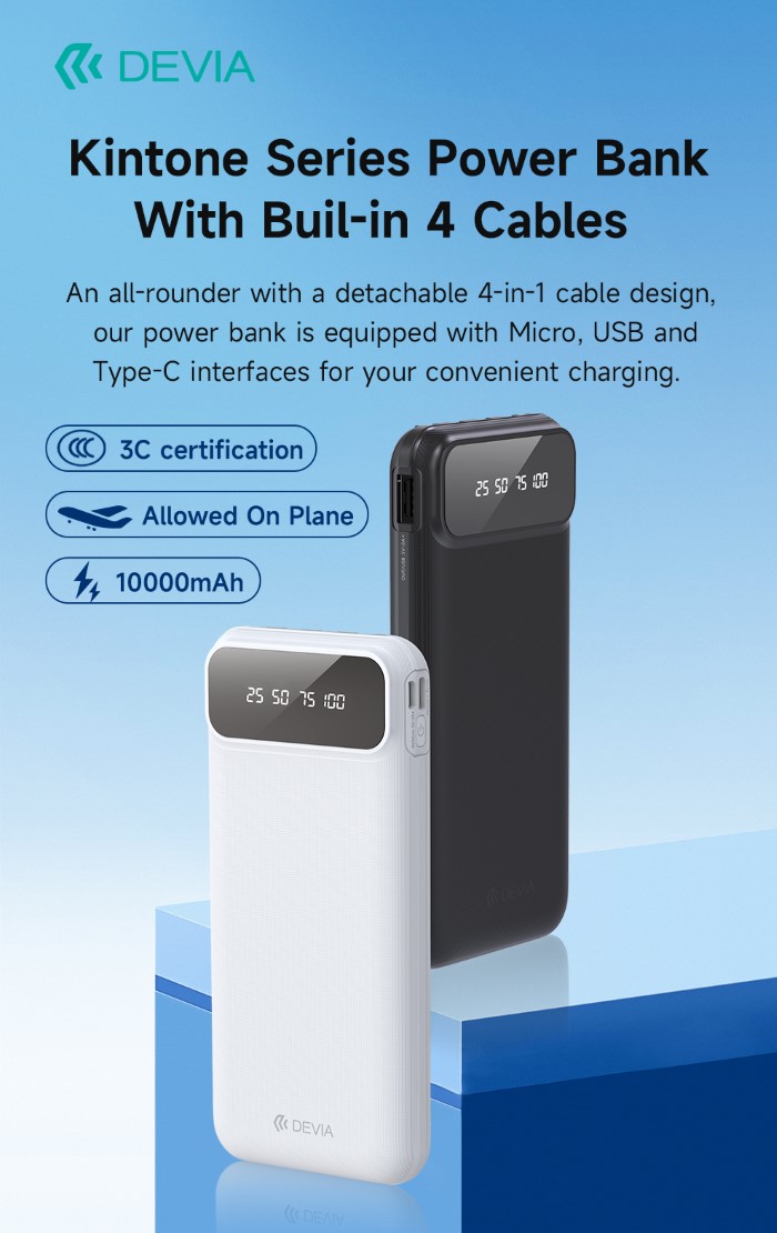 POWER BANK KINTONE 2A 10000 MAH CON 4 CAVI INTEGRATI (DEPKC10786B) NERO