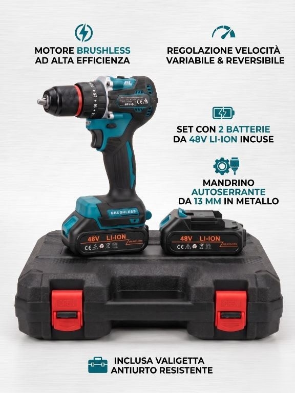 TRAPANO ELETTRICO A BATTERIA 48V - SET COMPLETO - 3 VELOCITA VARIABILI - MANDRILLO IN ACCIAIO