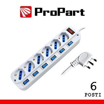 MULTIPRESA 6 POSTI PRESA BIPASSO/SCHUKO CON SPINA 16A CON INTERRUTTORI MULTIPLI (PEM203056A-W)