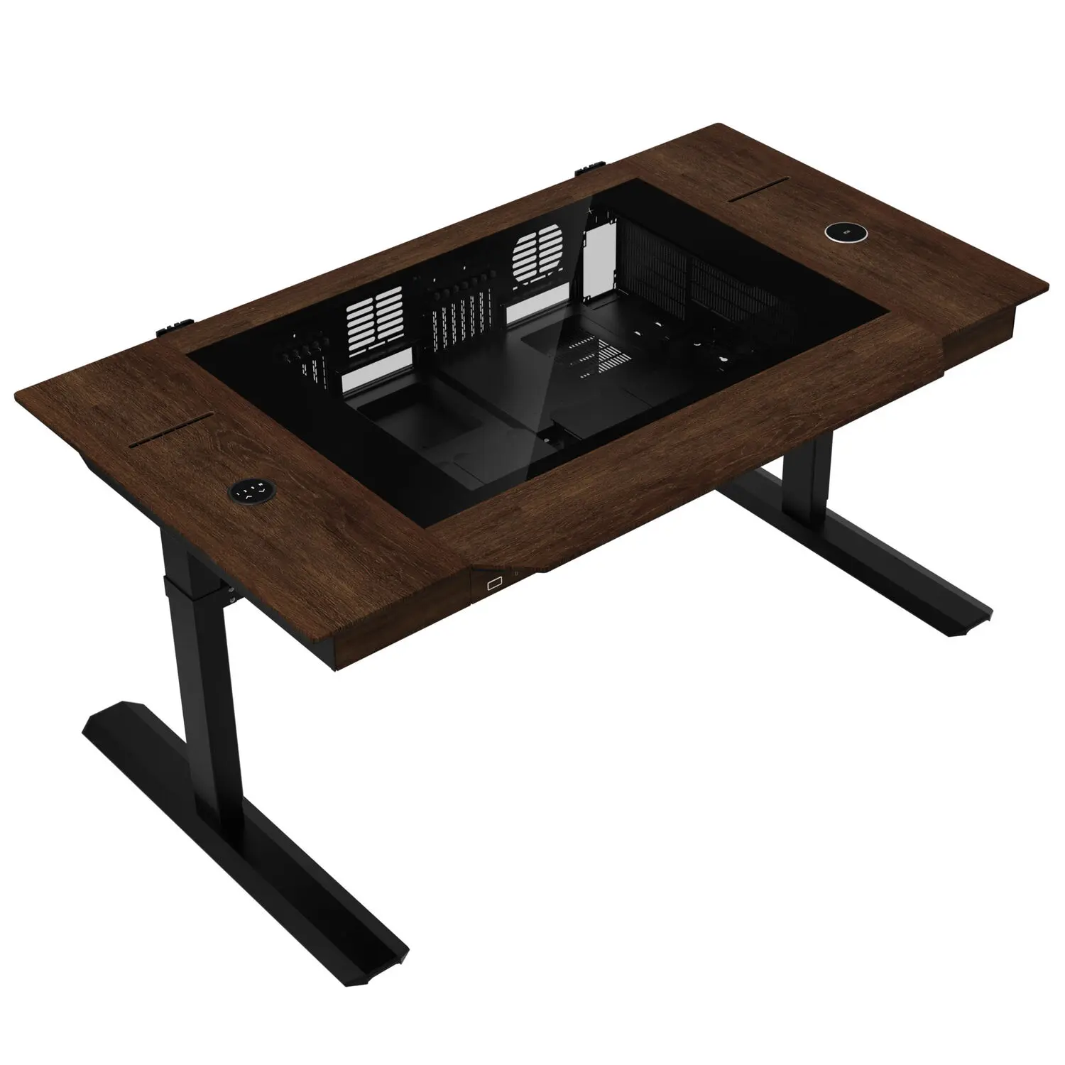 Lian Li DK-07 Wood Edition - Case Scrivania Dual System E-ATX Regolabile in Altezza, Noce/Nero