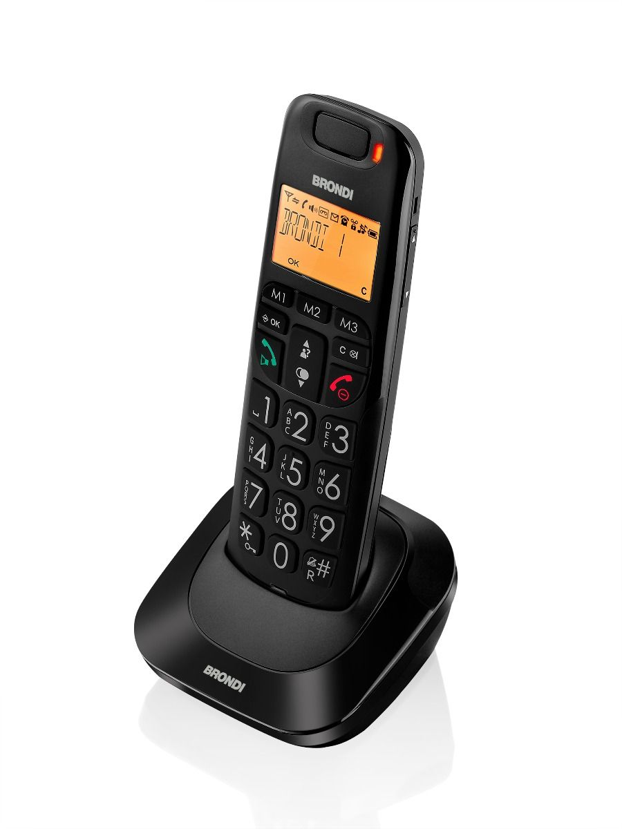 Telefono Cordless Brondi Bravo Bright Nero - <p><span style="font-family: Arial;">CORDLESS BRAVO BRIGHT</span></p><ul> <li><span style="font-family: Arial;">con ampio display retroilluminato e grandi numeri</span></li></ul><ul> <li><span style="font-family: Arial;">Il senior cordless Bravo Bright di Brondi, disponibile in quattro colorazioni, ha un ampio display alfanumerico, retroilluminato nella colorazione arancio, di facile lettura cos&igrave; come i suoi grandi tasti con i quali sar&a