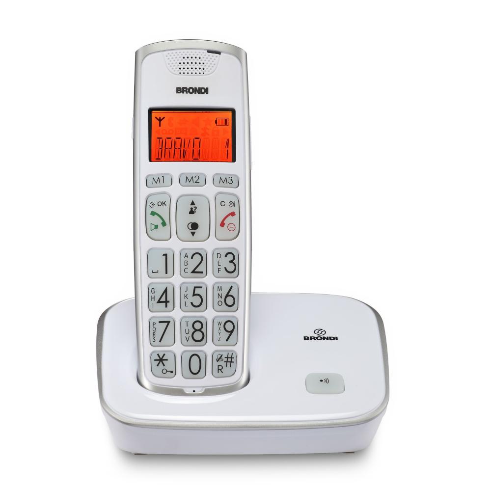 Telefono Cordless Brondi Bravo Gold 2 Bianco - <ul> <li>Ampio display alfanumerico retroiluminato</li> <li>Alto volume degli squilli e di ascolto</li> <li>Rubrica con 20 memorie alfanumeriche</li> <li>3 memorie dirette tramite tasti dedicati</li> <li>Vivavoce</li></ul>