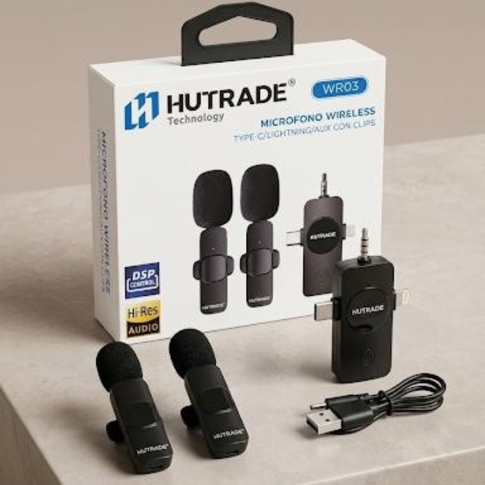 MICROFONO LAVALIER WIRELESS LIGHTNING/TYPE-C/AUX SMARTPHONE APPLE ANDROID IPAD (WR03) CON CLIPS