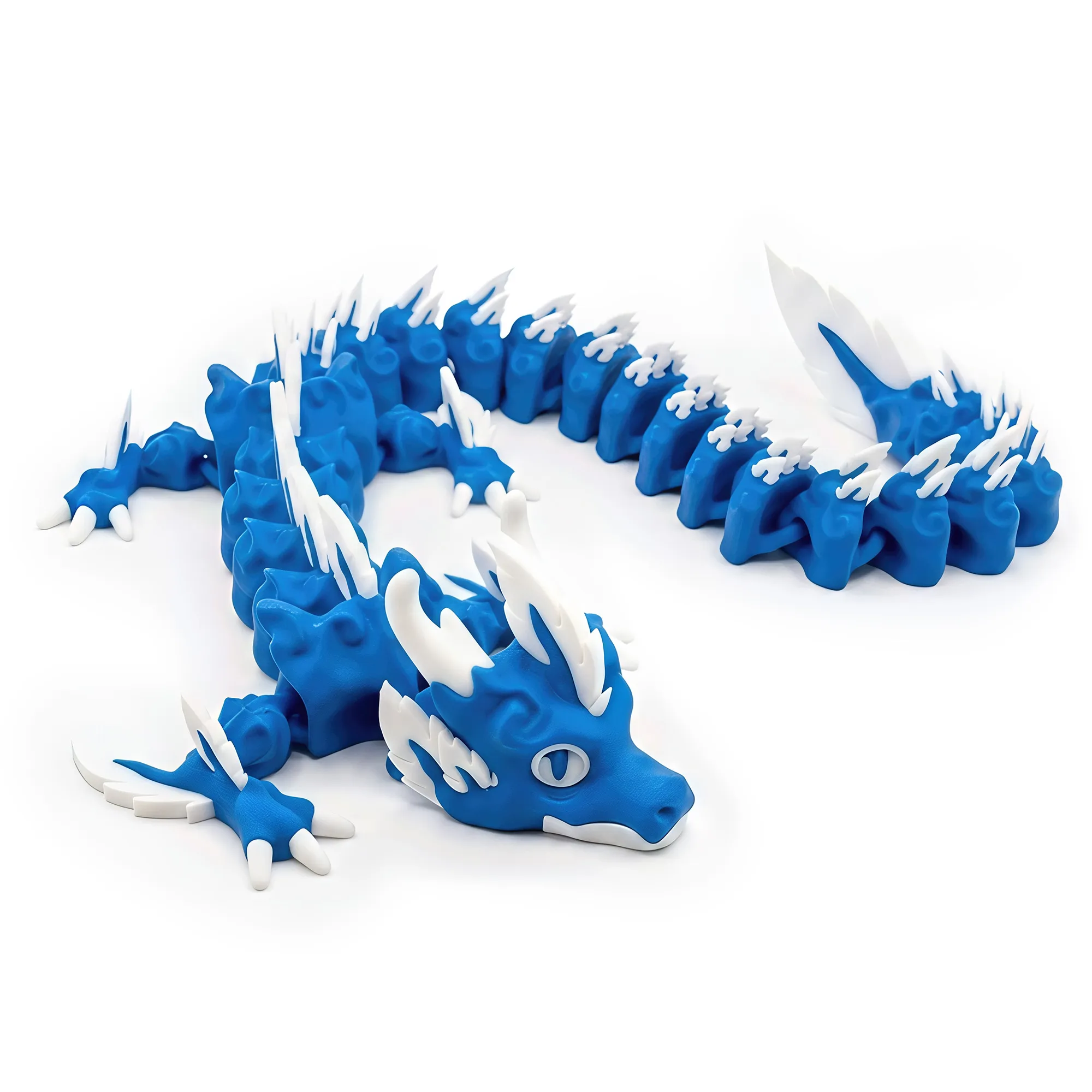 Water Dragon Flessibile Articolato - Statuetta Stampata in 3D, Fidget Antistress - Bianco/Blu