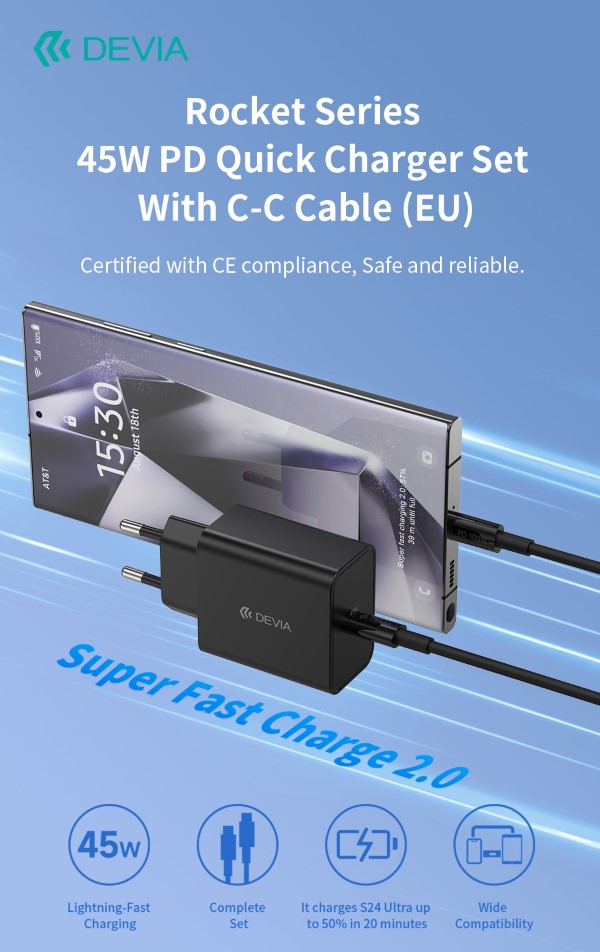 DEVIA CARICA BATTERIE PD 45W + CAVO TYPE-C CARICA RAPIDA