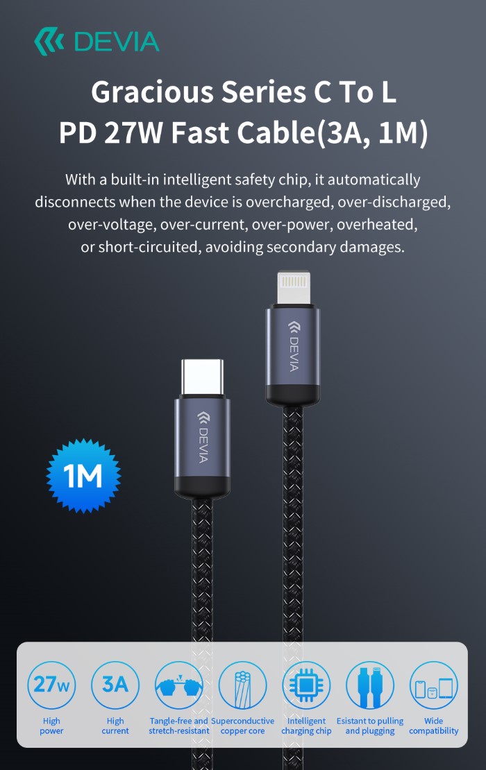 CAVO TYPE-C A LIGHTNING PD 27W 1MT