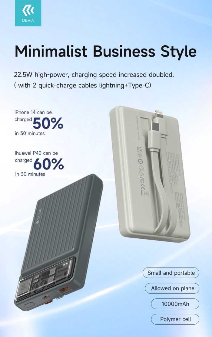 DEVIA POWER BANK 10.000MAH 2 CAVI 22.5W CARICA RAPIDA AVORIO