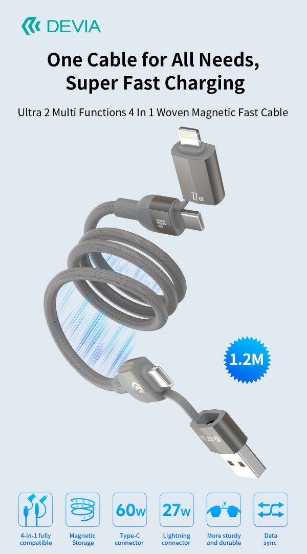 DEVIA CAVO MAGNETICO ULTRA 2 INTRECCIATO 4 IN 1 USB A-C-L