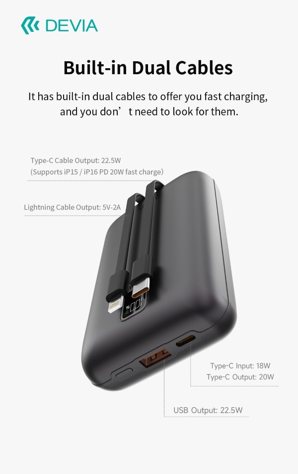 DEVIA MINI POWER BANK ULTRA4 22.5W CON 2 CAVI INTEGRATI 20000