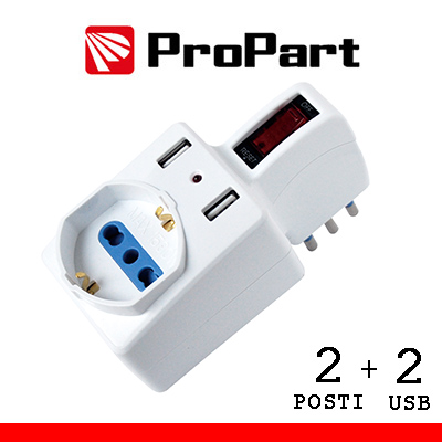 PROPART ADATTATORE BIPASSO/SCHUKO + 2*USB 10A CON INTERRUTTORE