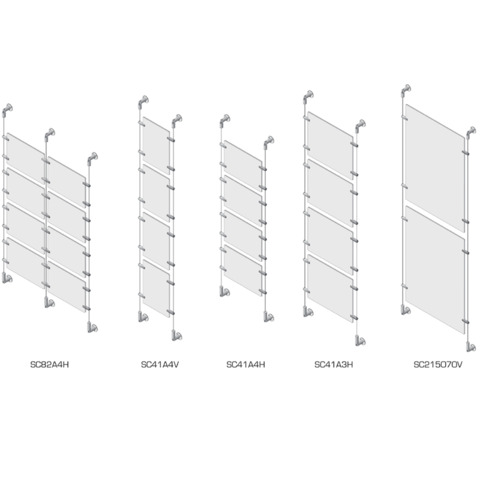 Sist. a cavetto 4 pannelli porta-avvisi Tecnostyl A4 in acril. 27x4,5x400 cm con tasselli fissaggio parete silver-SC41A4V