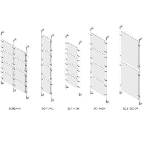 Sist. a cavetto 8 pannelli porta-avvisi Tecnostyl A4 in acril. 70x4,5x400 cm con viti+tass. fiss.a parete silver-SC82A4H