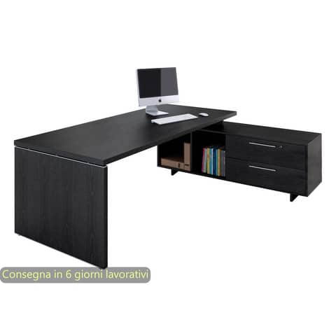 Scrivania manageriale nero venato frassino 195x170x74 cm gamba a pannello con mobile portante Flora - 901RIT/8