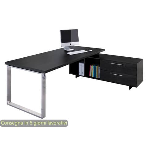 Scrivania manageriale nero venato frassino 195x170x74 cm gamba ad anello con mobile portante Flora - 901RIT/M/8