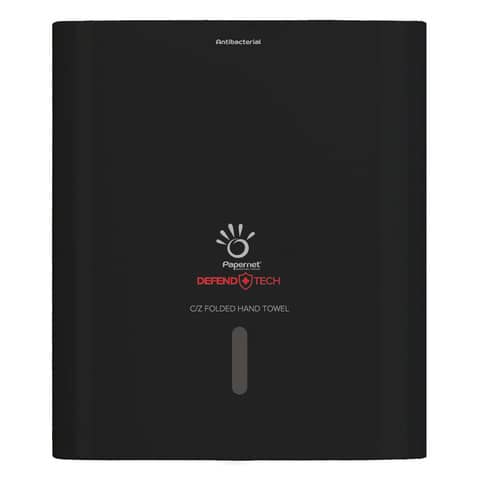 Dispenser antibatterico con adattatore Papernet Defend Tech per asciugamani piegati a C e Z nero - 33,6x30x14,5 cm
