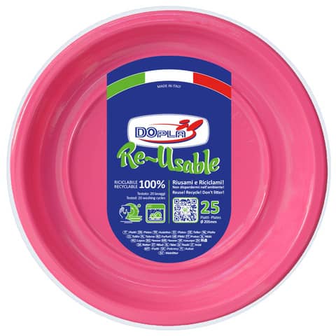 Piatti fondi fucsia in polistirene h.32 mm conf. 25 pz Dopla Reusable Ø 205 mm 11832