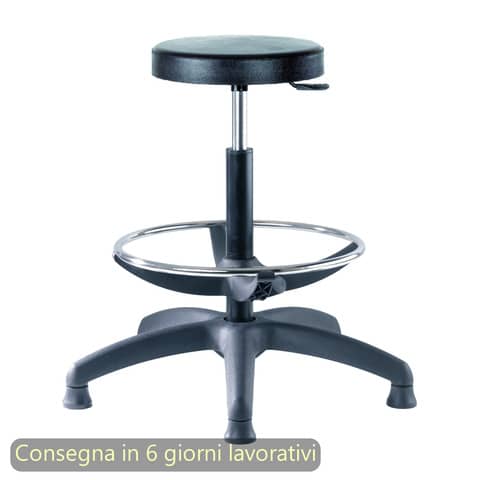 Sgabello tecnico Work 60 tondello in PU flessibile e lavabile nero Seditaly alto con poggiapiedi regolabile LBDSF0000PU01
