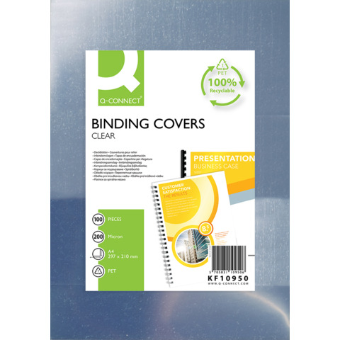 Copertine lucide per rilegatura Q-Connect in PET A4 200 micron - conf. 100 pezzi - KF10950