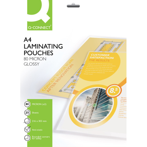 Pouches per plastificatrici Q-Connect 216x303 mm finitura lucida - 80 µm A4 - conf. 25 pz - KF04118