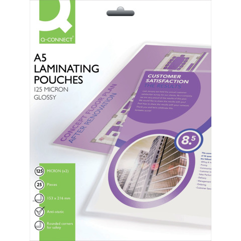 Pouches per plastificatrici Q-Connect 153x216 mm finitura lucida - 125 µm A5 - conf. 25 pz - KF04112