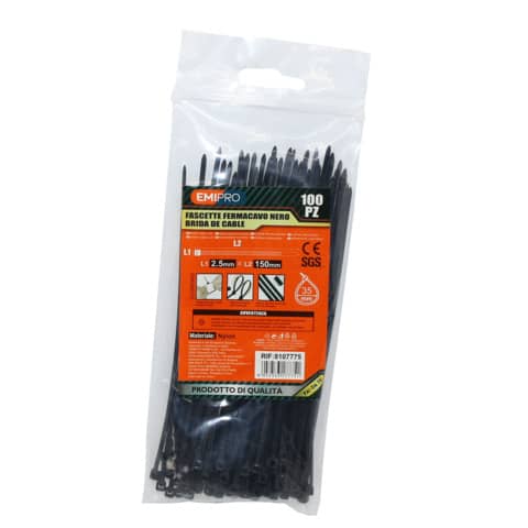 Fascette fermacavo in nylon Emi - 150x2,5 mm - colore nero - conf. 100 pezzi - 8107775