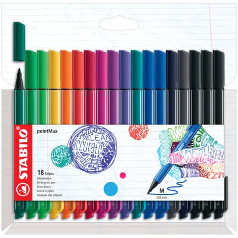 Pennarello Stabilo Point Max - punta nylon - colori assortiti - astuccio da 18 pezzi - 488/18-01
