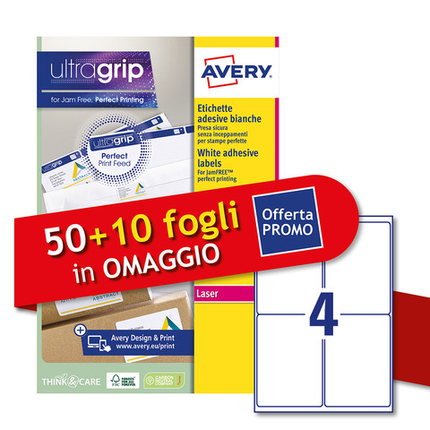 Etichette bianche Avery Ultragrip & Jamfree™ adesivo permanente laser 4 et./foglio conf. 50+10 ff OMAGGIO