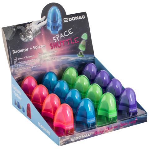 Espositore 16 gomme-temperamatite a 2 fori 2-in-1 Donau a forma di astronave in colori assortiti - 330372916