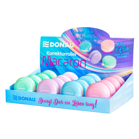 Espositore 16 correttori a nastro a forma di macarons Donau 5 mm x 6 m in 4 colori assortiti - 330410916