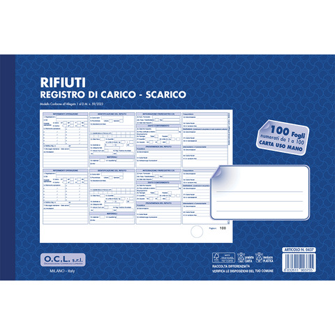 Registro carico-scarico rifiuti O.C.L. - conf. 10 blocchi - carta usomano 1-100 fogli 31x21 cm - 0437