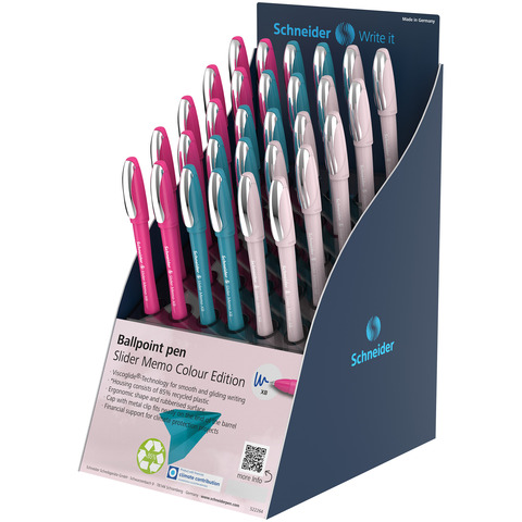 Espositore 30 penne a sfera Schneider Slider Memo Colour Edition tratto XB inchiostro blu - P399632