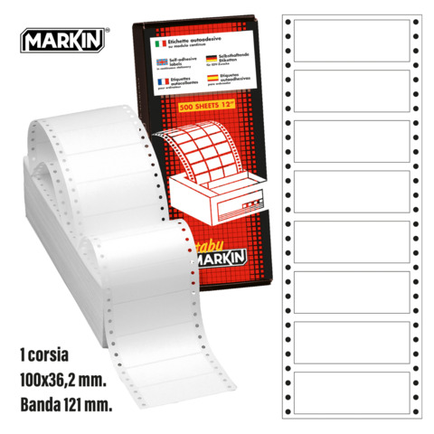 Etichette autoadesive bianche permanenti a modulo continuo 1 corsia Markin 4.000 etichette 100x36,2 mm - conf. 500 fogli