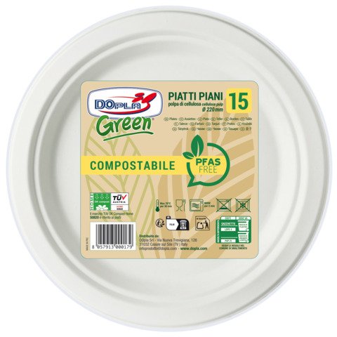 Piatti piani in polpa Dopla Green Pfas Free bianco - Ø 220 mm - conf. 15 pz - 07901