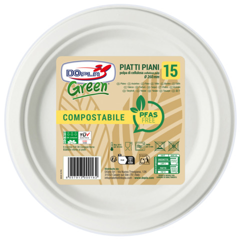 Piatti piani in polpa Dopla Green Pfas Free bianco - Ø 260 mm - conf. 15 pz - 07907