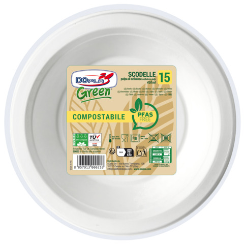 Scodelle in polpa bianche Dopla Green Pfas Free 450 ml - Ø 175 mm - conf. 15 pz - 07775