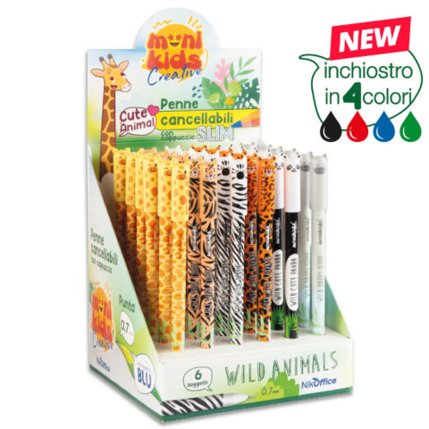 Espositore 36 penne Monikids Creative Slim cancellabili con cappuccio Wild Animals - 20NIK258