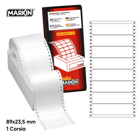 Etichette bianche a modulo continuo Markin 1 corsia 6.000 etichettte - 89x23,5 mm - conf. 500 ff - X200S604