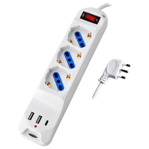 Multipresa con pulsante MKC 3 posizioni schuko bipasso 10/16A + 2 USB-A e 1 USB-C spina 16A 2P+T cavo 1,5 m