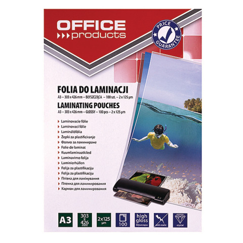Pouches per plastificatrici Office Products 2x125 µm finitura lucida A3 - conf. 100 pezzi - 20325635-90