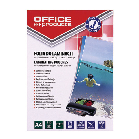 Pouches per plastificatrici Office Products 2x125 µm finitura lucida A4 - conf. 100 pezzi - 20325435-90