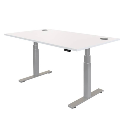 Scrivania a regolazione elettrica in altezza da 64 cm a 126 cm. Completa di piano bianco, dimensioni 1200 x 800 mm e spessore 25 mm. Dotata di fori passanti da 8 cm. Struttura LEVADO disponbile nei colori bianco o grigio.