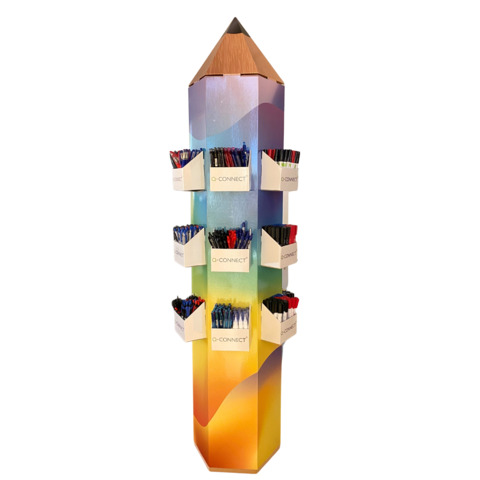 Un espositore da terra imperdibile: 800 prodotti di scrittura Q-Connect in un colorato display dalla forma a ''Matitone''. Dimensioni: L 44 x P 41 x H 170 cm. Contenuto: 48 matite a mina Kappa da 0,7 mm; 36 penne a sfera a scatto Lamda blu, 48 nero, e 24 rosso; 36 penne a sfera Delta da 0,7 mm blu, 48 nero e 24 rosse; 40 correttori a penna da 8 ml; 30 evidenziatori Pastel 1,5-5 mm in arancione, 30 blu, 30 giallo e 30 viola; 20 marcatori per lavagne bianche punta tonda 2-3 mm blu; 30 nero e 10