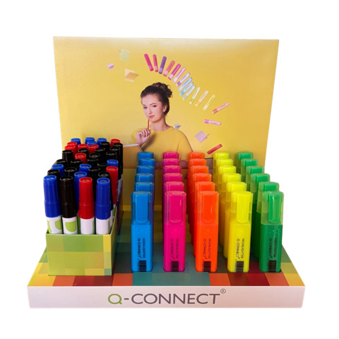 Non rinunciare alla qualità Q-Connect! Un nuovo espositore di evidenziatori e marcatori per essere sempre forniti con i migliori prodotti di scrittura. 150 evidenziatori e 80 marcatori per un totale di 230 prodotti pronti da esporre in un display da banco colorato. Codice composto da struttura e contenuto. Assortimento nel dettaglio: evidenziatori Q-Connect 1,5-5 mm nei colori arancione, blu, giallo, rosa e verde; marcatori permanenti Q-Connect con fusto in metallo e punta conica da 4 mm nei col