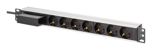 Striscia di alimentazione PDU Rack 19" con interruttore automatico Tipo C 16A, 7 prese Schuko CEE 7/3 (45°), cavo di 1,8 m, spina Unischuko CEE 7/7, 16A, allumi