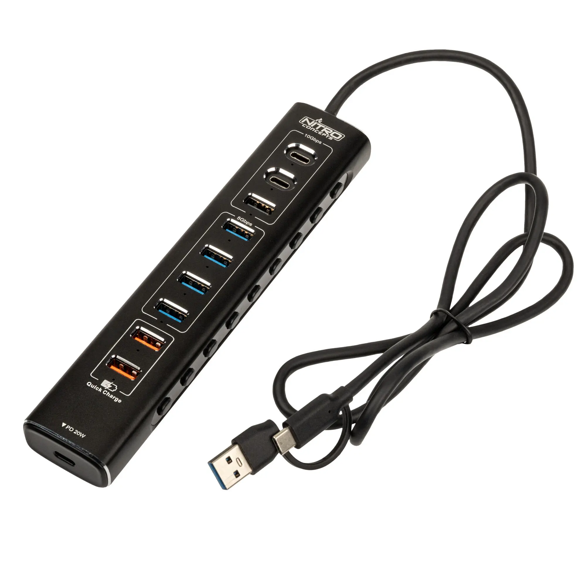 Nitro Concepts UH1 - Hub USB 3.2 Ibrido a 10 Porte con Ricarica Rapida per Sim Racing - Nero