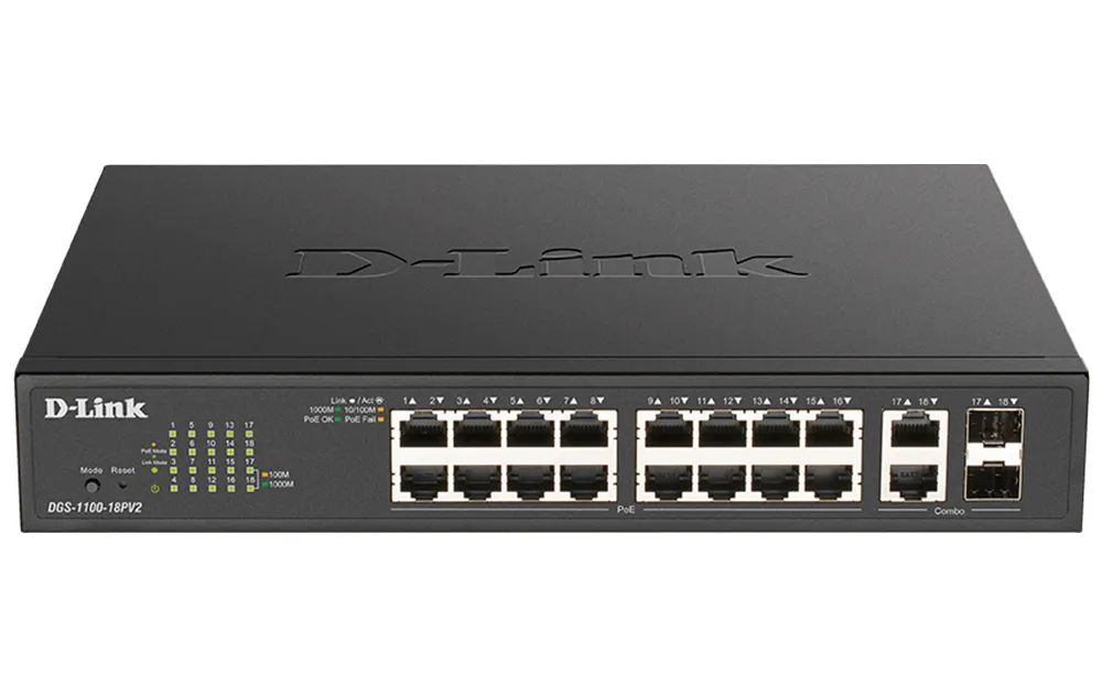 D-Link DGS-1100-18PV2 switch di rete Gestito L2 Gigabit Ethernet (10/100/1000) Supporto Power over Ethernet (PoE) 1U Nero