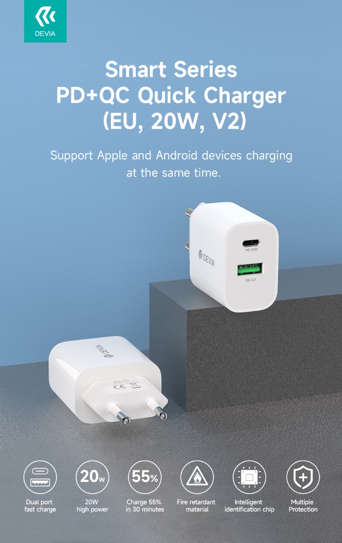 DEVIA CARICA BATTERIA 2USCITE RAPIDO PD+QC TYPE-C TO USB 20W