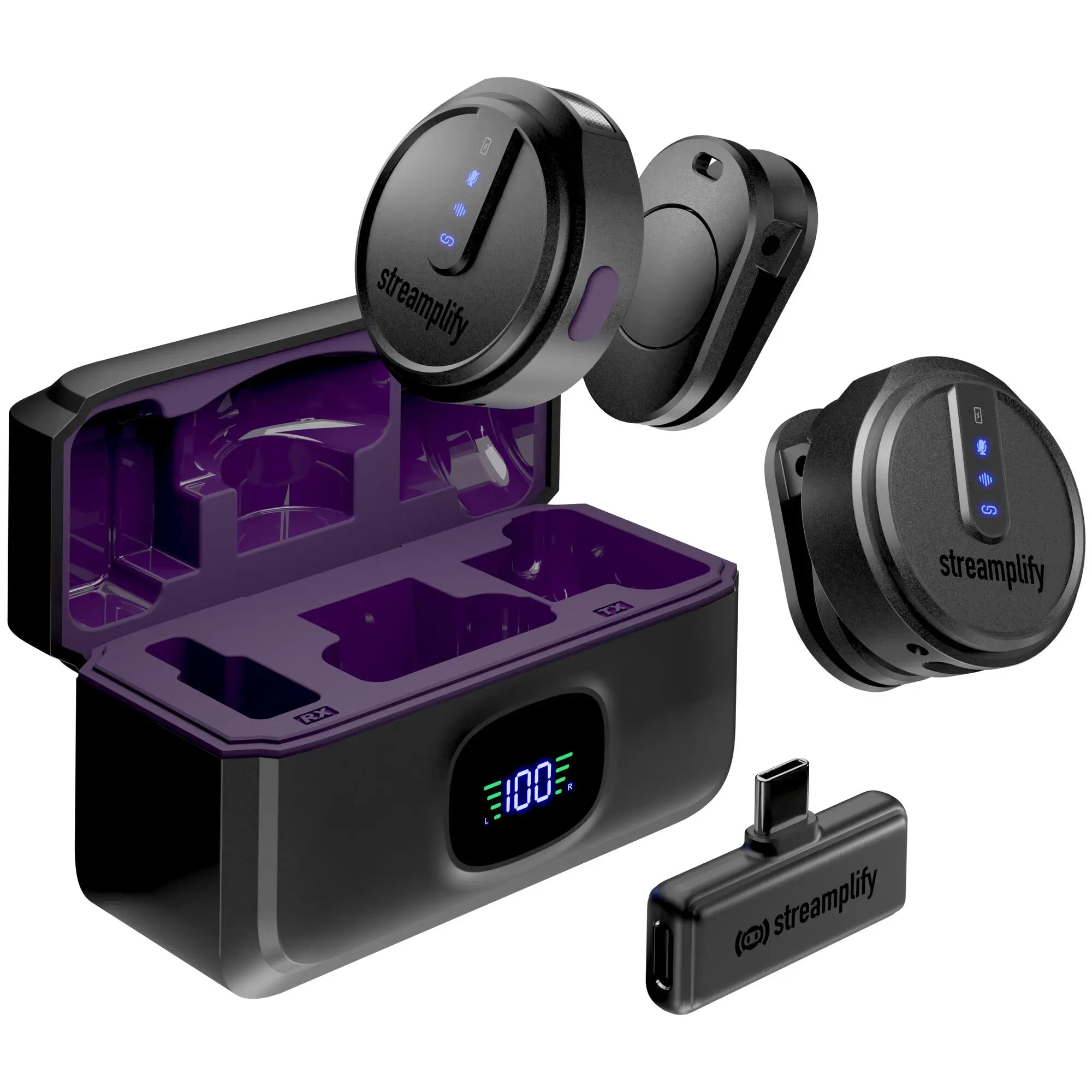 Streamplify MIC GO Set 2 Microfoni Wireless, USB-C, Case di Ricarica - Nero